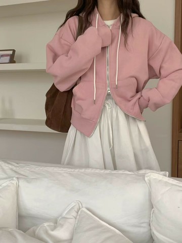 韓國東大門正品 甜美減齡 休閒寬鬆 馬卡龍 抽繩純色連帽拉鍊外套 夾克