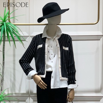 EPISODE - 氣質百搭小香風圓領條紋混羊毛針織外套E44407