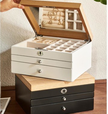 日式首飾盒收納盒高檔手飾禮品耳環項錬木質抽屜式帶鎖實木珠寶盒