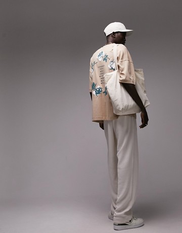 Topman extreme oversized fit t-shirt with front and back floral city print in stone-Neutral