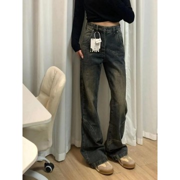【PRPN】牛仔褲 美式復古 牛仔直筒褲 高腰長褲 落地牛仔褲 顯瘦牛仔褲 女生牛仔褲 修身 水洗褲