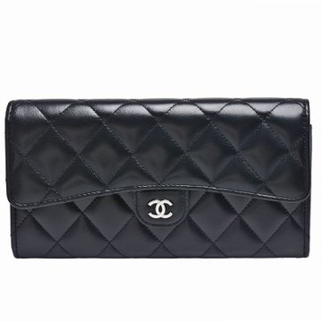 CHANEL 經典銀色雙C LOGO菱格紋小羊皮暗釦長夾(黑色)