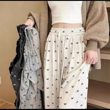 💗特惠促銷💗蝴蝶結糯米褲女 秋冬季加絨加厚垂感直筒休閒闊腿褲 高腰顯瘦拖地褲