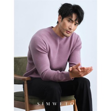 秋冬加厚保暖 12針親膚莫代爾 紫色圓領毛衣男厚款休閑百搭羊絨衫