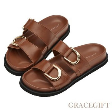 【Grace Gift】日光奶茶復古金屬扣雙帶拖鞋 棕