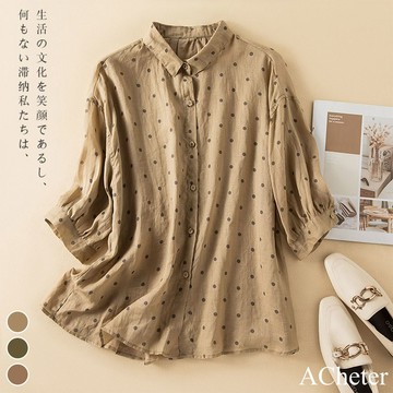 【ACheter】五分短袖蘆麻襯衫文藝復古寬鬆顯瘦棉麻七分袖短版上衣# 117166(現貨+預購)