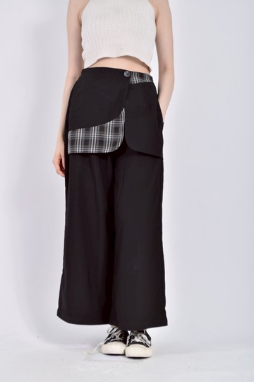 (M) 高腰質感鬆緊腰假兩件黑色長褲