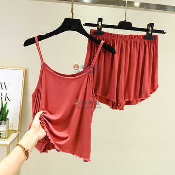 兩件套夏季莫代爾吊帶寬鬆大碼睡衣套裝花邊內搭短褲背心【淘夢屋】