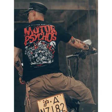 美式重型硬漢機車短袖t恤男摩托車半袖復古阿美咔嘰骷髏頭搖滾風