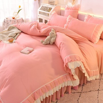 ins公主風粉色床裙花邊被套床單四件套純色少女心宿舍床上三件套2