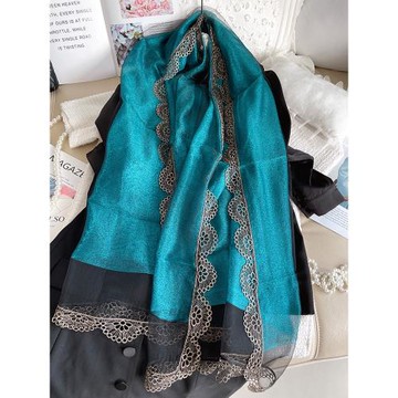 精美閃亮金絲雙層蠶絲歐根紗蕾絲鑲邊春夏四季洋氣女絲巾圍巾披肩