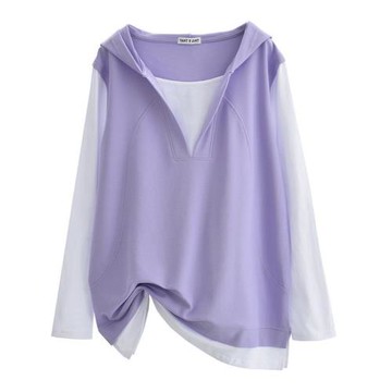 秋季韓版休閑寬松遮臀百搭女裝胖mm300斤大碼假兩件長袖連帽衛衣