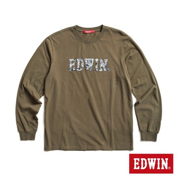 EDWIN 男裝 人氣復刻 花紗植絨LOGO薄長袖T恤-橄欖綠