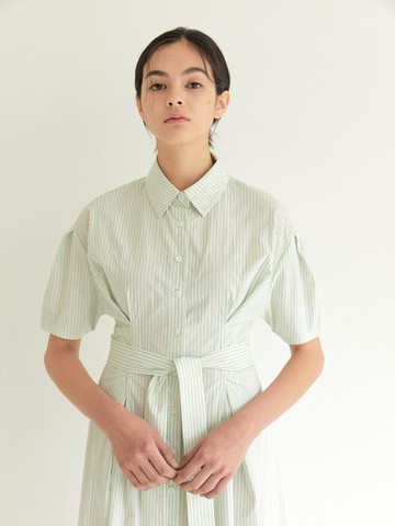 Tucked Collar Dress Light Green Stripe