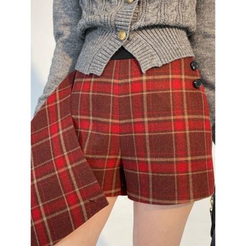 紅色格子毛呢褲裙美式半身裙女呢子A字裙短裙胖mm學院風圣誕裙褲