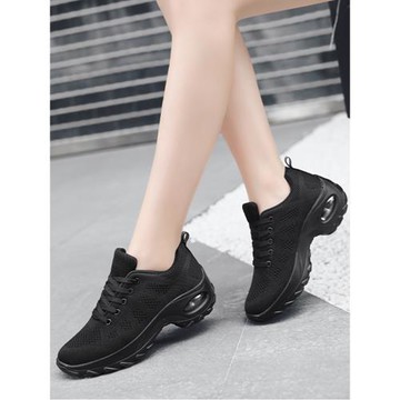全黑色網面透氣休閑運動女鞋輕便軟底防滑舒適工作鞋厚底氣墊鞋女