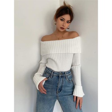 美式純欲性感大翻領一字肩針織毛衣修身型顯身材巨顯身材辣妹愛穿