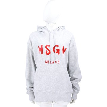 MSGM 紅字母羅紋拼灰色棉質連帽長袖運動衫 大學T(男女可穿)