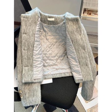 千金風夾棉灰色羽絨服小香風外套女秋冬季新款加厚小個子短款毛呢