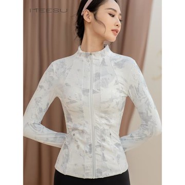 美愫瑜伽服女2025新款秋冬長袖修身女士印花外套拉鏈加厚瑜伽上衣