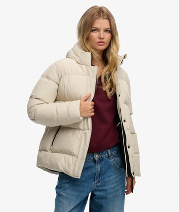 Superdry Women's Hooded Mid Length Sports Puffer Jacket Beige Size: 8
