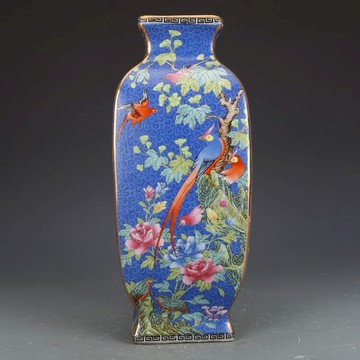 清乾隆琺瑯彩藍地花鳥四方瓶古董古玩收藏真品彩繪花瓶老物件瓷器