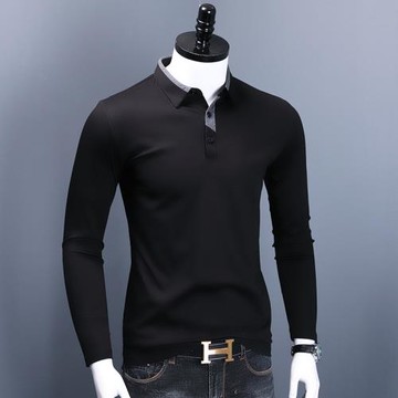 翻領t恤男長袖純棉修身 潮流襯衫領體恤衫秋季上衣雙絲光棉polo衫