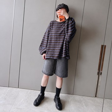 MANIFEST 正韓條紋大學t 韓國女裝 寬鬆大t 毛圈料 條紋配色 秋冬 澎袖 個性 休閒風格 現貨商品