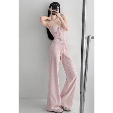 慵懶風辣妹條紋套裝軟糯垂感拖地闊腿褲復古綁帶褶皺條紋抹胸上衣