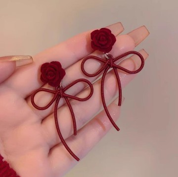 耳環安可拉紅花朵蝴蝶結耳釘小眾輕奢時尚耳飾秋冬百搭氣質耳環【步行者戶外生活館】