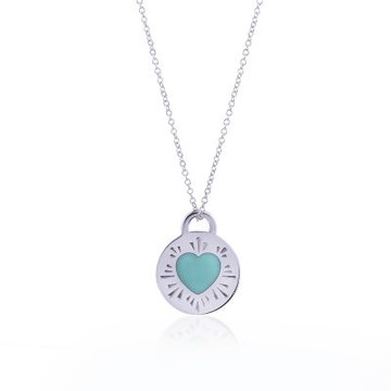 Tiffany&Co. 蒂芙尼 藍琺瑯愛心光芒圓牌刻字925純銀項鍊(展示品)