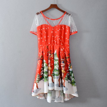 夏款女裝中長裙短袖圓領花色連衣裙子上衣服氣質潮