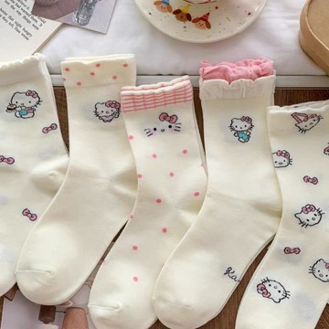 臺灣現/🎀襪子 中筒襪 絲襪 花邊襪kt貓襪子女中筒襪秋冬季日系甜美卡通花邊長襪白色長筒襪