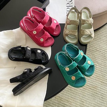 小香風魔術貼休閑平底羅馬鞋女2023夏新款真皮運動厚底沙灘涼鞋女