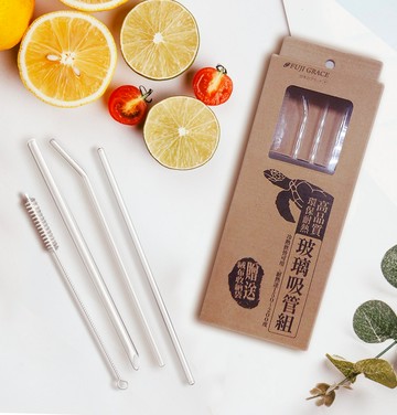 【FUJI-GRACE富士雅麗】耐熱玻璃吸管四件組 (三種吸管+吸管刷+收納布套)