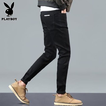 花花公子春秋款黑色牛仔褲男士潮牌修身小腳顯瘦休閑長褲子男秋季