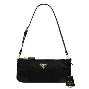 PRADA 1BC201 Re-edition 2002 經典LOGO尼龍可調式肩背包.黑