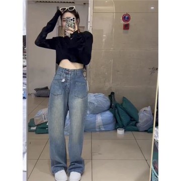 韓國東大門直筒牛仔褲女秋季薄款高腰闊腿褲復古寬松顯瘦拖地褲子