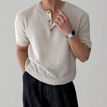 正韓半合身透氣沖孔亨利領短袖針織上衣 4色 YUPPIE 預購商品 0818