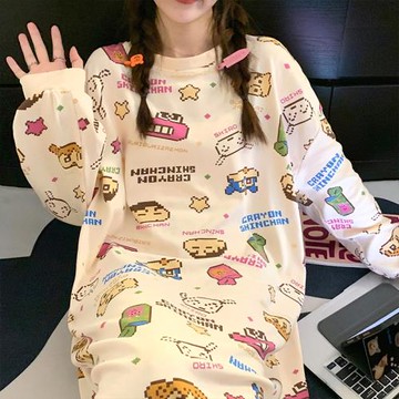2025新款春秋款睡裙長袖女卡通家居服大碼200斤連衣裙中長款睡衣