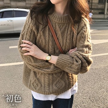 初色 純色復古編織麻花圓領長袖加厚針織毛衣寬鬆針織衫上衣女上衣-卡其色-39437(F可選)