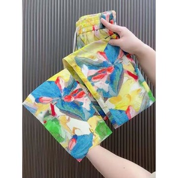 冰絲直筒褲女夏季薄款高腰時尚花色女褲松緊腰休閑褲九分褲提花褲