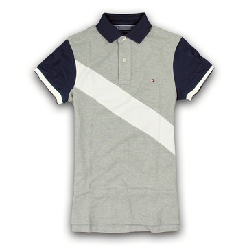 美國百分百【Tommy Hilfiger】Polo衫 TH 短袖 網眼 上衣 斜線 彩帶 白 深藍 灰色 XS F277