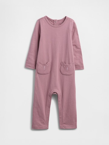 嬰兒裝 純棉小熊刺繡圓領長袖包屁衣/連身衣-粉紫色