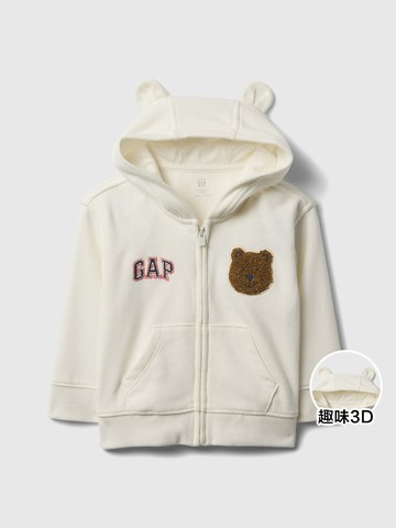 嬰兒裝 Logo小熊刺繡熊耳造型連帽外套-白色