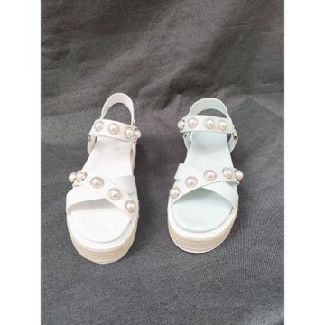 美單老佛爺真皮歐美珍珠亞麻厚底一字涼鞋女夏季新款外貿純原大碼