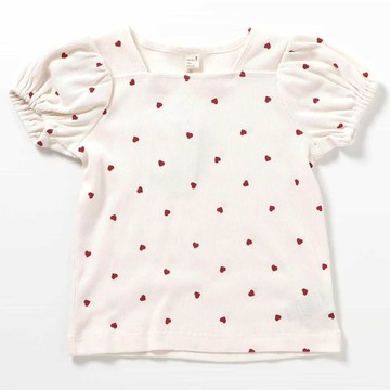 日本 apres les cours - 甜心方領泡泡短袖上衣-滿版愛心-象牙白