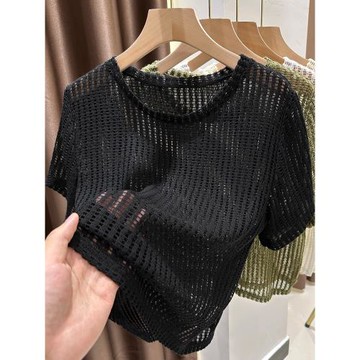 夏薄款鏤空外搭針織短袖t恤女網格柔軟防曬罩衫性感黑色打底上衣