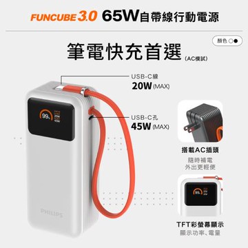 【Philips 飛利浦】FunCube3.0 65W自帶線10000mAh行動電源 兩色可選 DLP6351C
