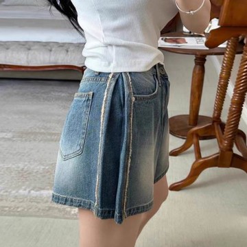 韓國chic夏季復古小眾側邊壓褶高腰百搭磨白拼接毛邊牛仔褲短褲女